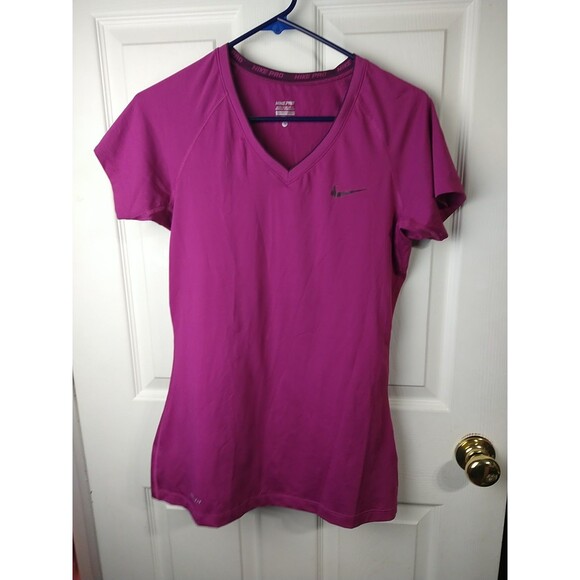 Nike Pro Woman M V Neck Purple SS Dri Fit Activewear Pullover Tee - Picture 1 of 9